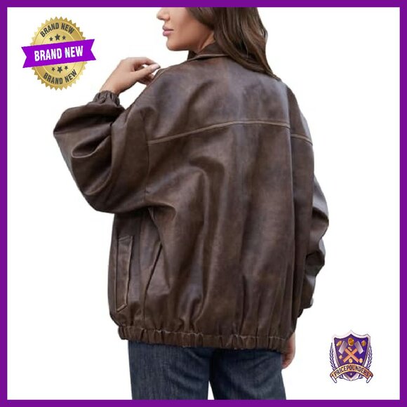 Oversized Faux Leather Motorcycle Jacket Y2K Vintage Plus Size - Picture 3 of 8